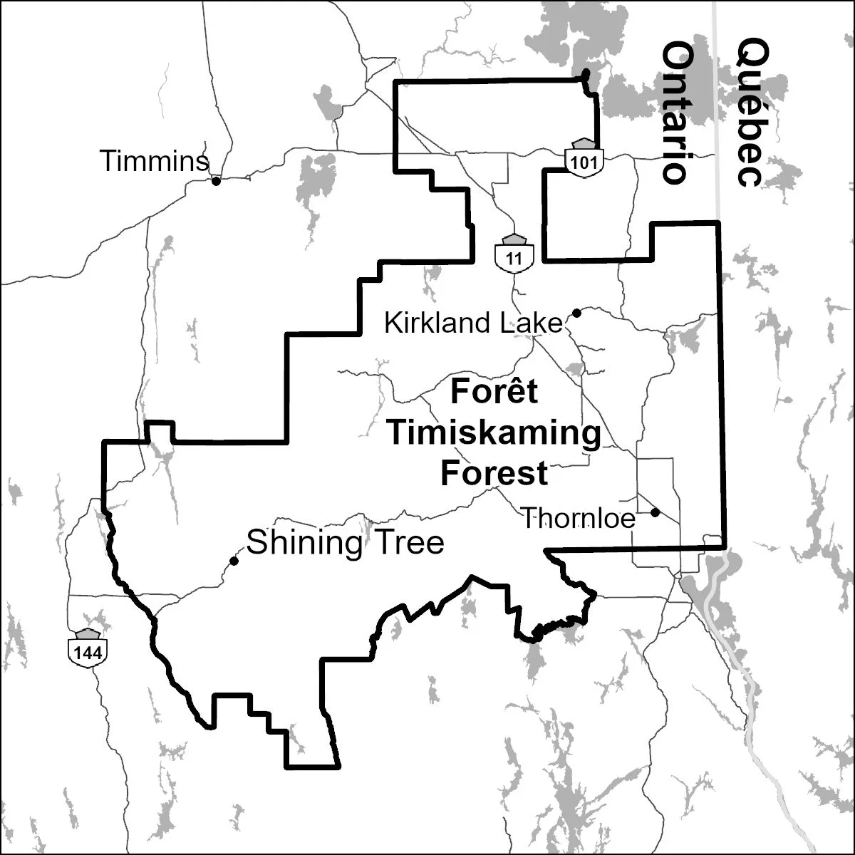 Map of the Timiskaming Forest including markers for municipalities and highways