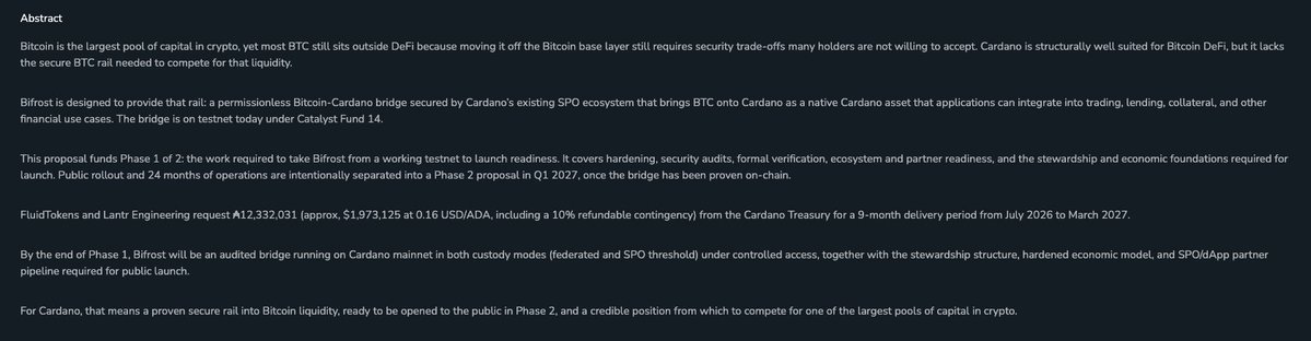 JaromirTesar's tweet photo. Another withdrawal proposal has been submitted requesting ₳12,332,031: Bifrost: Unlocking Bitcoin DeFi on Cardano — Road to Mainnet (Phase 1 of 2)