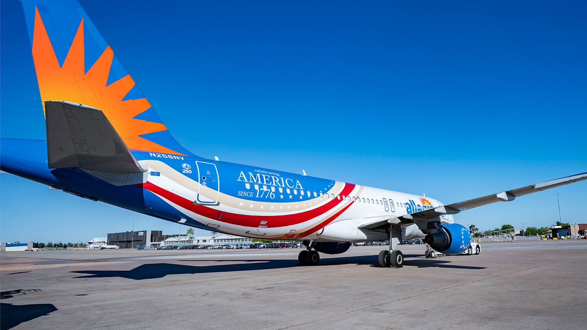 Allegiant's tweet photo. Introducing our newest special livery — one built for a milestone 250 years in the making. ✈️

It’s red, white, blue… and ready for takeoff! 

📷: karter9597 on Instagram https://t.co/mUkcqjT1xJ