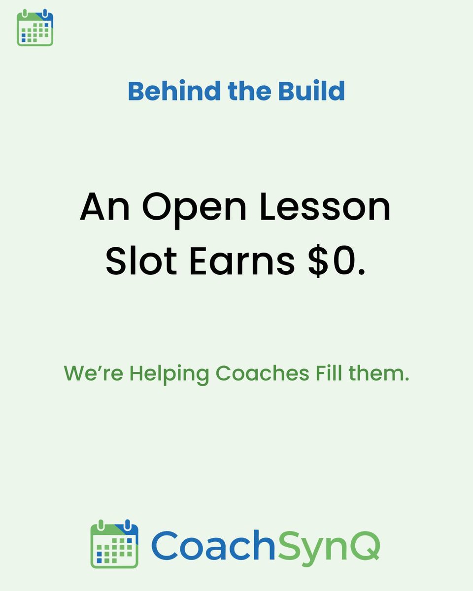 CoachSynQ's tweet photo. Behind the Build 🛠️

Every unfilled lesson is an opportunity lost.

We're building tools that help coaches share availability, get discovered, and fill more sessions.

More athletes.

More lessons.

Less time spent marketing. https://t.co/RP8EMXr5o5