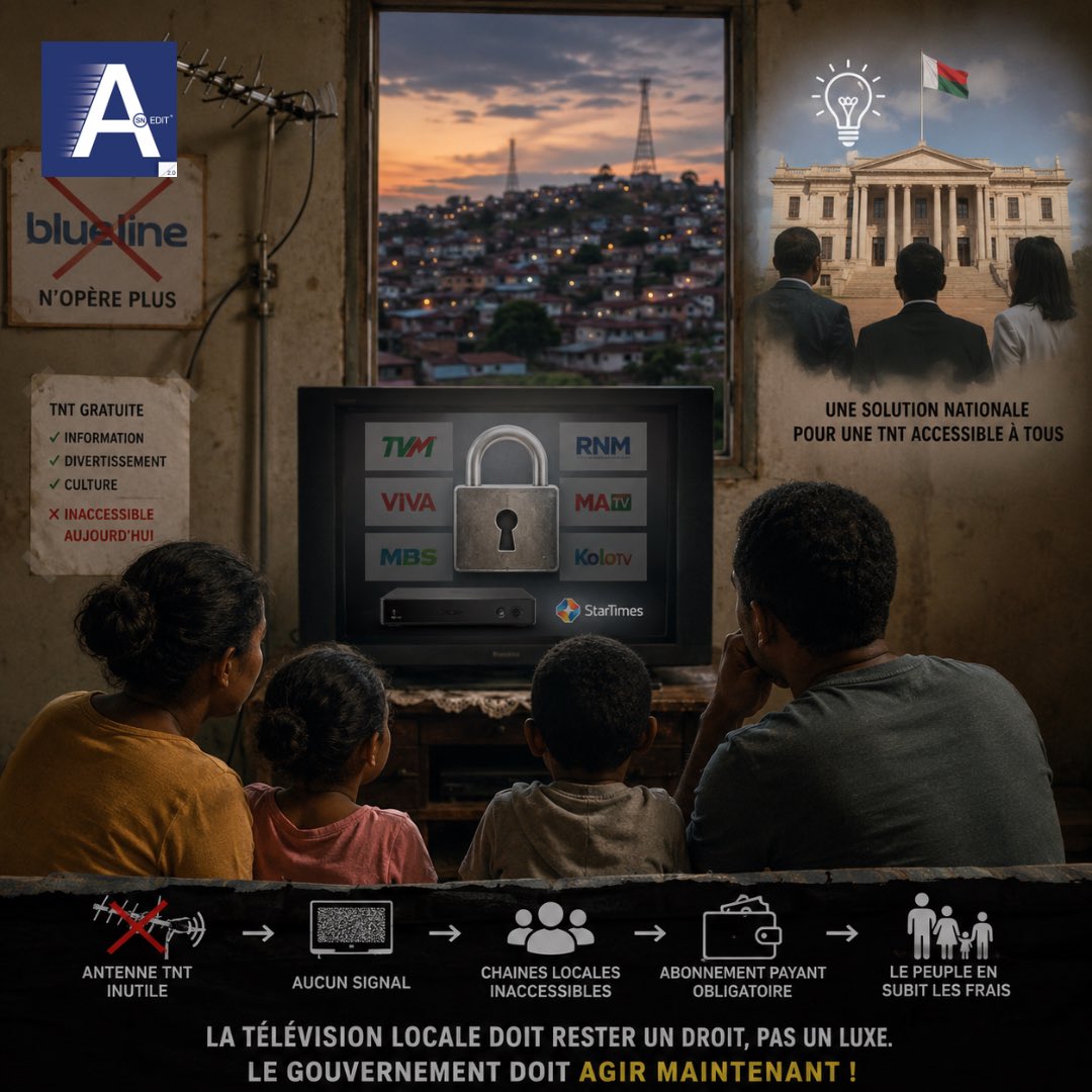 ASNEDIT's tweet photo. 🇲🇬 La TNT locale est un droit, pas un abonnement ! L'État doit déployer une TNT publique et gratuite en HD pour tous les Malgaches. 📺✊ #TNTGasy #Madagascar https://t.co/GwYldjMMAT