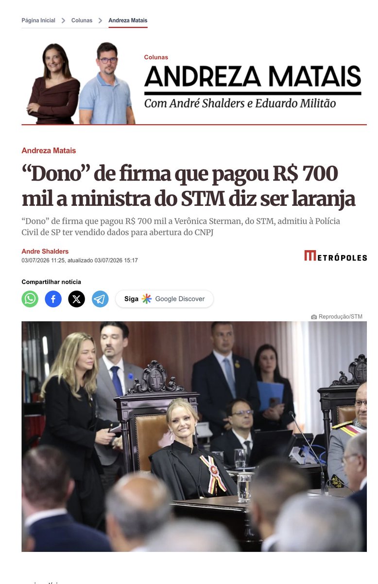 MafinhaBarba's tweet photo. A ministra que o Lula colocou no Superior Tribunal Militar recebeu, no escritório de advocacia dela, 700 mil reais de uma empresa registrada no nome de um homem que vive de fazer pipa e vender rifa na zona norte de SP.

O homem contou à polícia que vendeu o CNPJ por 5 mil reais num campo de futebol perto de casa, e que ganhava mil reais cada vez que chamavam ele pra assinar algum papel. A empresa em nome dele tem capital declarado de 101 milhões e movimentou 918 milhões.

Essa mesma empresa aparece no relatório da CPMI como parte da rede que lavou 39 bilhões pro Careca do INSS. E as contas dela eram movimentadas do mesmo aparelho da Victory Trading, sancionada essa semana pelos EUA por suspeita de ligação com o PCC.

A ministra diz que o pagamento, feito antes da posse, foi por três pareceres jurídicos. Setecentos mil por três pareceres, vindos de uma firma que a polícia liga a dinheiro de tráfico.

Detalhe: ela foi advogada da Gleisi, do Paulo Bernardo e do Alckmin. Os três apoiaram a indicação dela pro tribunal.