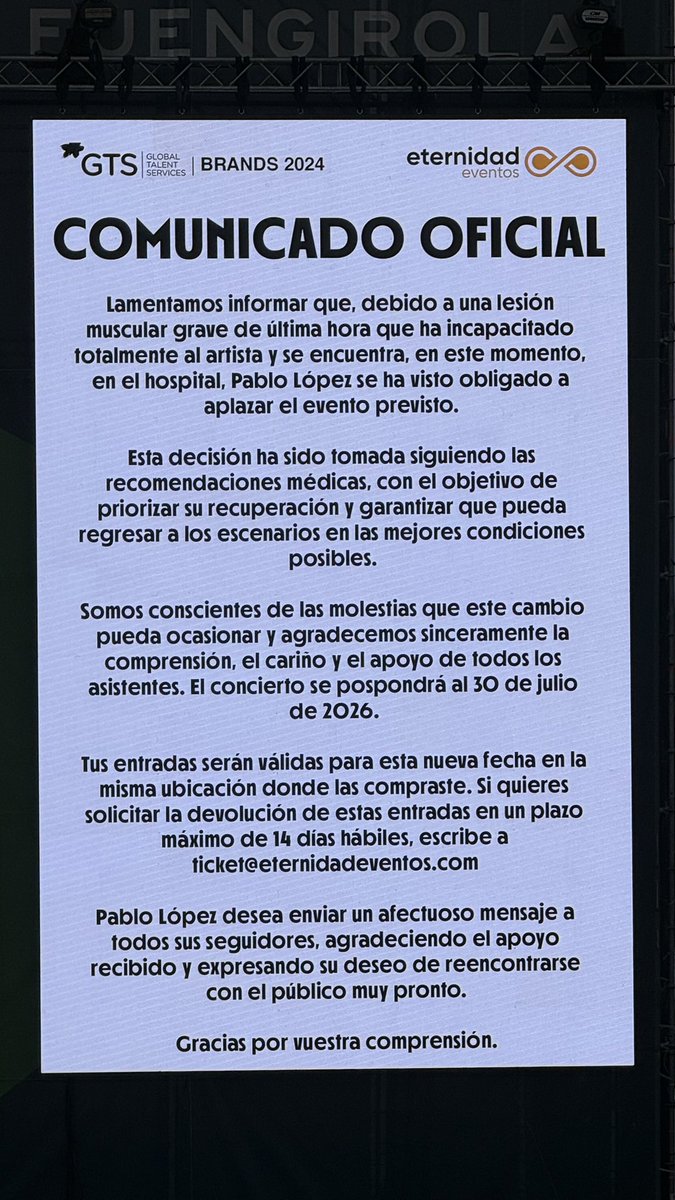 canalfiesta's tweet photo. Debido a una lesión de última hora @PabloLopezMusic se ha visto obligado a aplazar su concierto de Fuengirola al 30 de julio. Recupérate pronto, Pablo! https://t.co/2t23p4eCzj