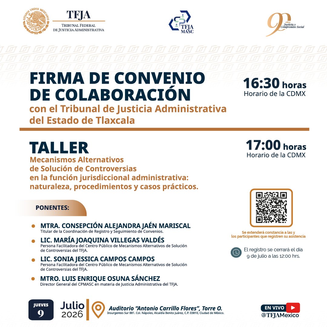 TFJAMexico's tweet photo. ¿Es posible el diálogo y el acuerdo entre las partes cuando existe un conflicto administrativo? Conoce más sobre los Mecanismos Alternativos de Solución de Controversias en la función jurisdiccional administrativa.

🗓️ 𝟵 𝗱𝗲 𝗷𝘂𝗹𝗶𝗼
⏱️ 𝟏6:𝟑𝟎 𝐡𝐨𝐫𝐚𝐬 (presencial y en línea) 
📍𝑨𝒖𝒅𝒊𝒕𝒐𝒓𝒊𝒐 "𝑨𝒏𝒕𝒐𝒏𝒊𝒐 𝑪𝒂𝒓𝒓𝒊𝒍𝒍𝒐 𝑭𝒍𝒐𝒓𝒆𝒔, 𝑻𝒐𝒓𝒓𝒆 "𝑶". Insurgentes Sur 881.

#MASC #TFJA