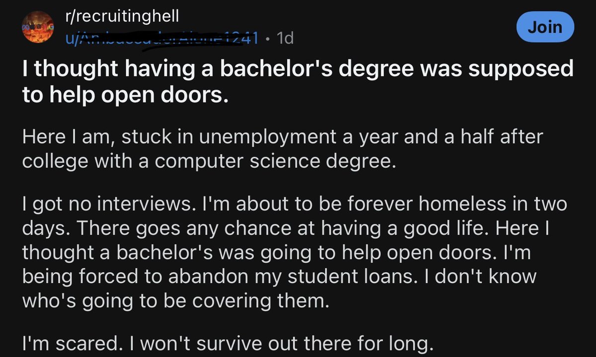 financedystop's tweet photo. Computer science used to be sold as the golden ticket.

Go to college, learn to code, get a tech job, make $200K after a few years, work remote, live the dream.

Now CS grads are dealing with one of the worst job markets of any major.

Pretty brutal shift. https://t.co/WNxA6C7xHW