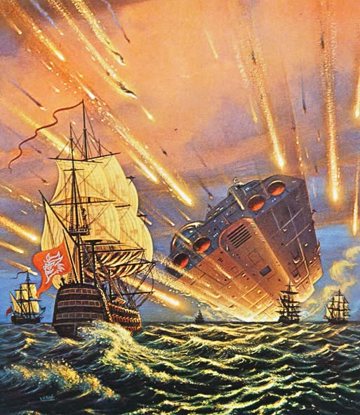 fabiaschi's tweet photo. art by David Hardy (1978) from Space, Wars, Worlds, And Weapons. 
According to that book this ship is tumbling through the alternative timelines from a malfunctioning drive system. We used this as the basis for a classic Traveller rpg campaign. https://t.co/96jo15jeUh