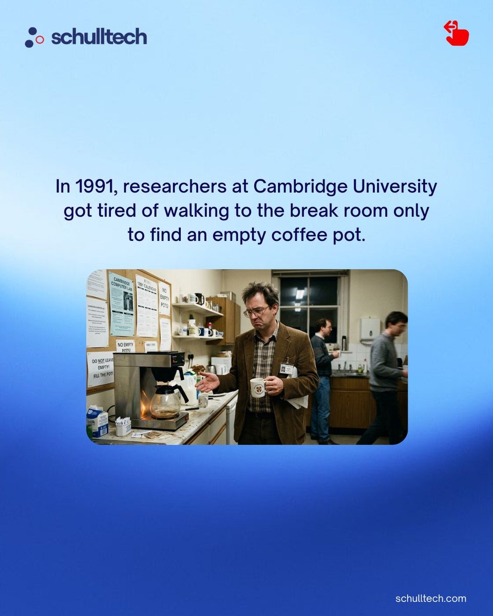 schulltech_'s tweet photo. The first webcam wasn't built for video calls. 

It was built to watch a coffee pot. ☕ 

Cambridge researchers, 1991, tired of walking to an empty pot. Necessity really is the mother of invention.

#TechFacts #DidYouKnow #SchullTech https://t.co/7uxqxRgVm0