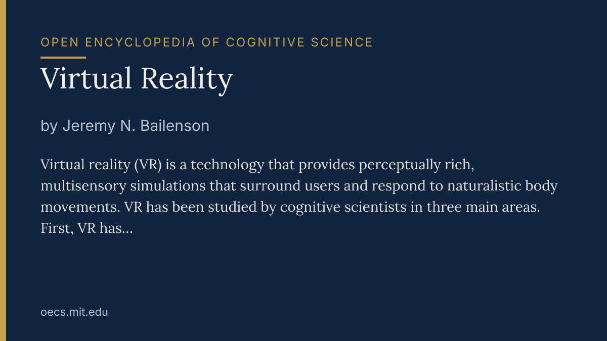 oecs_bot's tweet photo. Virtual reality offers a unique experimental lens, allowing researchers to observe naturalistic human behavior within precisely controlled…

Virtual Reality by Jeremy N. Bailenson

#CognitiveScience https://t.co/NDVnUt0Oiw