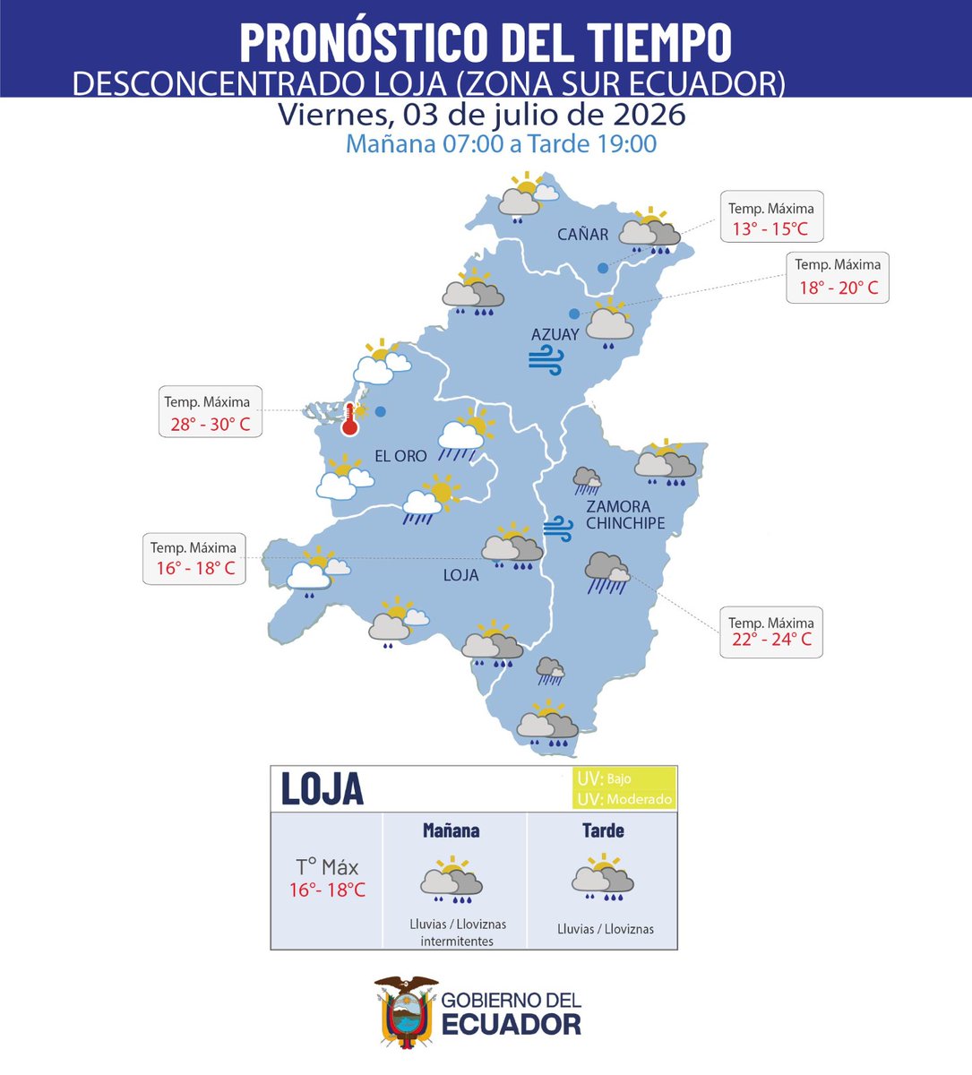 inamhi_ec's tweet photo. INAMHI // Pronóstico Zona Sur Ecuador. 
Viernes 03 y madrugada del sábado 04 de julio de 2026, para las próximas horas se prevé #lluvias y #lloviznas ocasionales de variable intensidad ⛅🌦️#Loja #ElOro #Azuay #Cañar #ZamoraChinchipe @Riesgos_Ec @ECU911 SAT ACTIVO #47 https://t.co/zkDTLEccoF