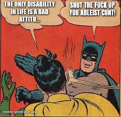 ChronicBoned's tweet photo. Happy disability pride month.  I'm taking this opportunity to point out that ableism doesn't always manifest as hostility towards a disabled person.  Sometimes it takes the form of albeit possibly well meaning platitudes.  
#cripplepunk #ableism #disabilitypride #Disability https://t.co/wkTWP8vvln