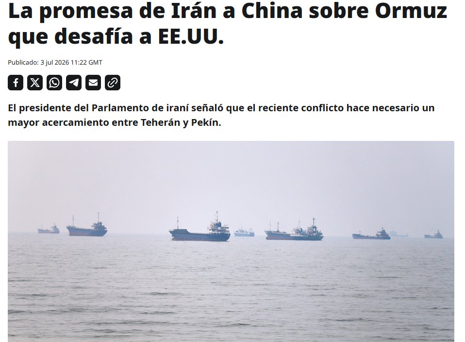 ActualidadRT's tweet photo. 🗣️‼️La promesa de Irán a China sobre Ormuz que desafía a EE.UU

El presidente del Parlamento de Irán, instó este viernes a fortalecer las relaciones estratégicas con China y advirtió que la República Islámica no permitirá ninguna "interferencia" de EE.UU. en el estrecho de Ormuz https://t.co/Rz56Ym3yCd