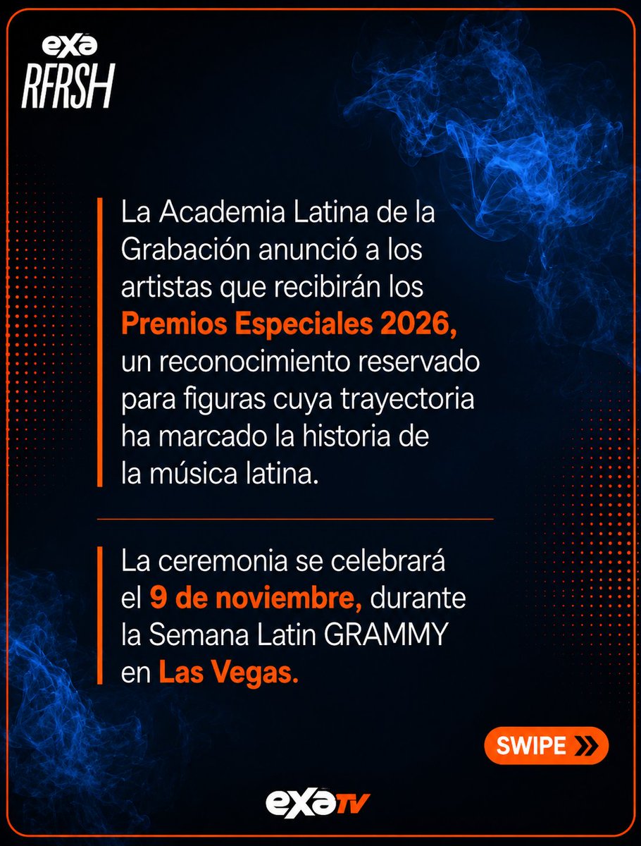 exatv's tweet photo. 🏆✨ Seis figuras indispensables de la música latina serán reconocidas por su legado.

La Academia Latina de la Grabación anunció a los homenajeados con los Premios Especiales 2026, galardones que celebran la trayectoria y el impacto de artistas que han marcado a generaciones.

🎶 Entre los reconocidos destacan Alaska, Lila Downs, Francisco Céspedes, Daniela Mercury, Chichí Peralta y el compositor Omar Alfanno.

📍 El homenaje se llevará a cabo el 9 de noviembre en Las Vegas, como parte de la Semana Latin GRAMMY.

¿Cuál de estas leyendas ha marcado más tu playlist? 👇

#LatinGRAMMY #LatinGRAMMY2026 #EXARFRSH #EXATV