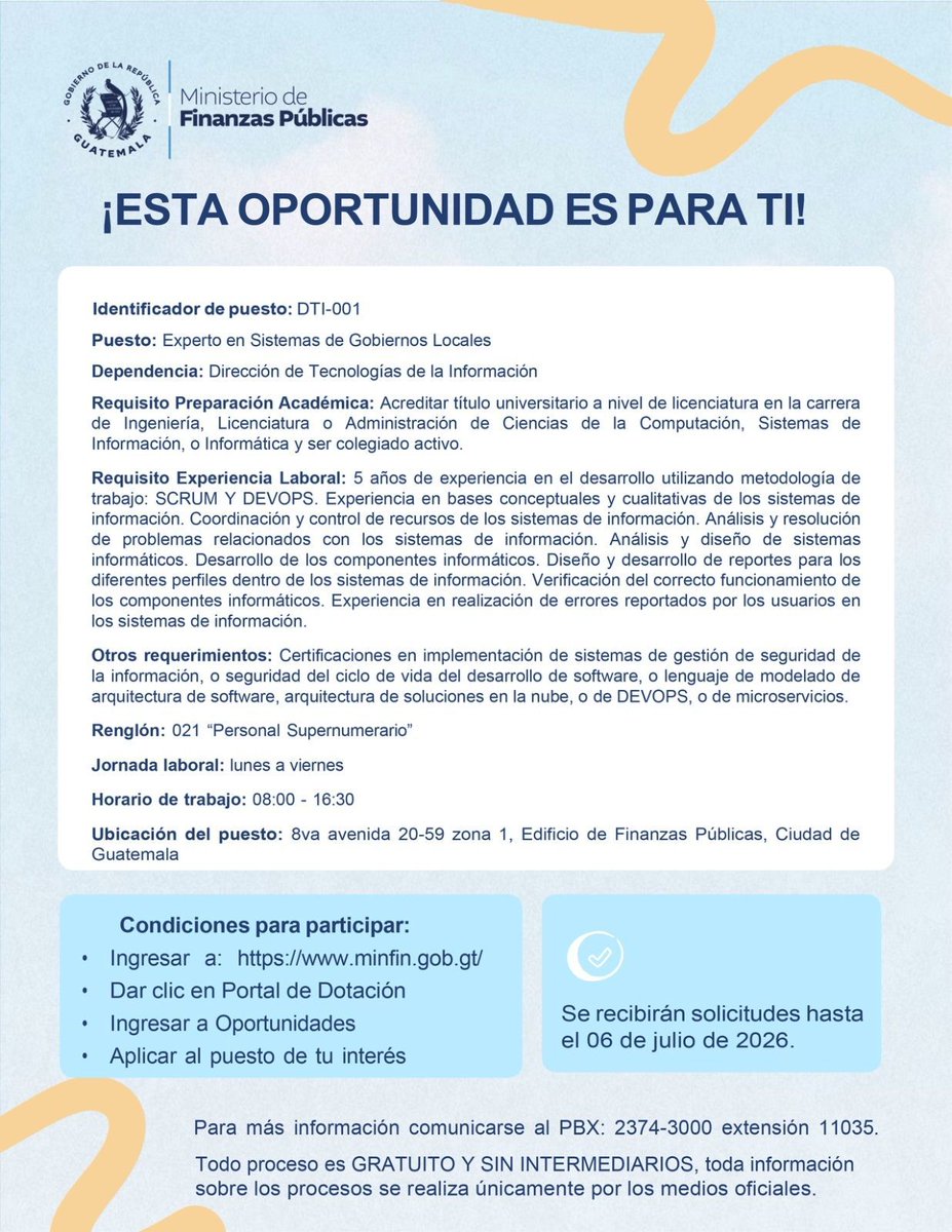 MinfinGT's tweet photo. 📢𝗜𝗻𝗳𝗼𝗿𝗺𝗮𝗰𝗶𝗼́𝗻 𝗼𝗳𝗶𝗰𝗶𝗮𝗹
¡El Ministerio de Finanzas Públicas tiene plazas de trabajo disponibles! 📝💼
Si estás interesado en aplicar, ingresa al Portal de Dotación de Recursos Humanos del #Minfin, donde encontrarás una guía para realizar tu proceso. 🔗https://t.co/TOHJ04dDU8

¡Participa 🙋‍♀️🙋‍♂️! 
@jmenkos @BArevalodeLeon @GuatemalaGob