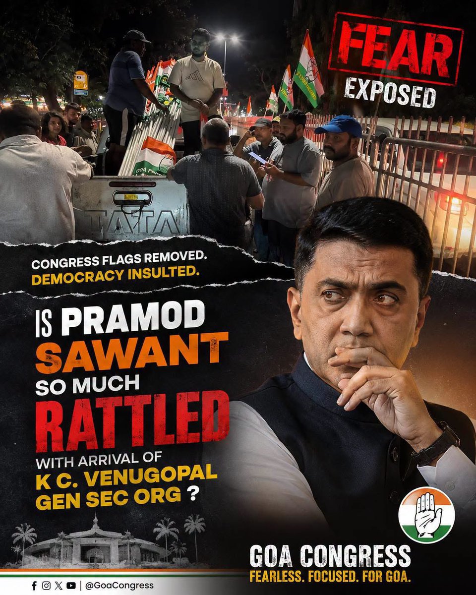 INCGoa's tweet photo. Why is the BJP administration removing Congress flags?

Is Chief Minister Pramod Sawant so rattled by the arrival of AICC General Secretary (Organisation) Shri K. C. Venugopal that even party flags have become a threat?

You can remove flags, but you cannot remove the people’s voice. Democracy cannot be fenced, silenced, or dismantled overnight.

Goa is watching. Goa will answer. 🇮🇳✋

#Goa #Congress #Democracy #KCVenugopal #goacongress 

@DrAnjaliTai @Manikrao_INC