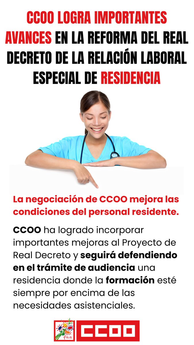 fssccoo's tweet photo. ✊ La negociación de CCOO mejora las condiciones del personal residente

🔜 Seguiremos defendiendo en el trámite de audiencia una residencia donde la formación esté siempre por encima de las necesidades asistenciales

➕ℹ️

https://t.co/8GvtNUSzLf

#TuResidenciaNosImporta https://t.co/nR684f4Wdd