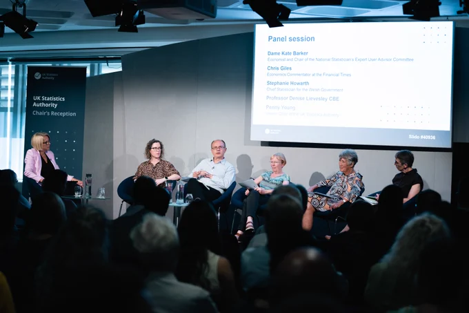 Panel session, left to right, Jane Naylor, Stephanie Howarth, Chris Giles, Dame Kate Barker Professor Denise Lievesley CBE and Penny Young. 