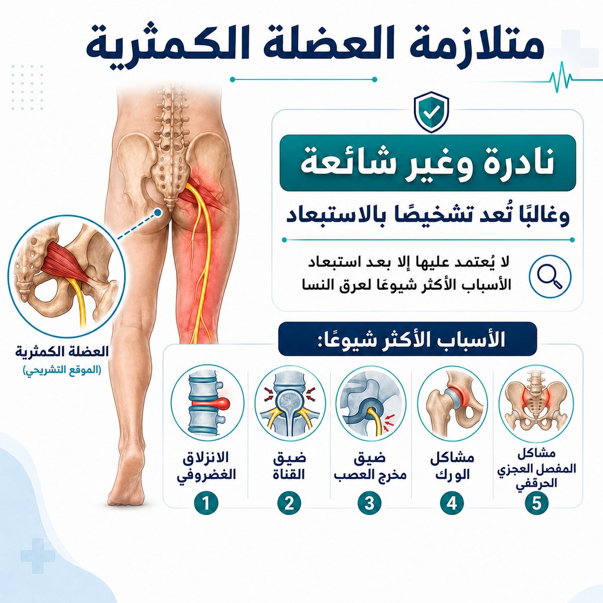 dhawi_aali's tweet photo. كثر الحديث مؤخرا عن متلازمة العضلة الكمثرية.
 موجودة، لكنها نادرة وغير شائعة مقارنةً بأسباب عرق النسا المعروفة مثل الانزلاق الغضروفي وضيق القناة أو مخرج العصب.

وهي غالبًا تشخيص بالاستبعاد؛ لا يُعتمد إلا بعد استبعاد الأسباب الأكثر شيوعًا وربط الأعراض بالفحص والتصوير. https://t.co/lszgjIU7Tt