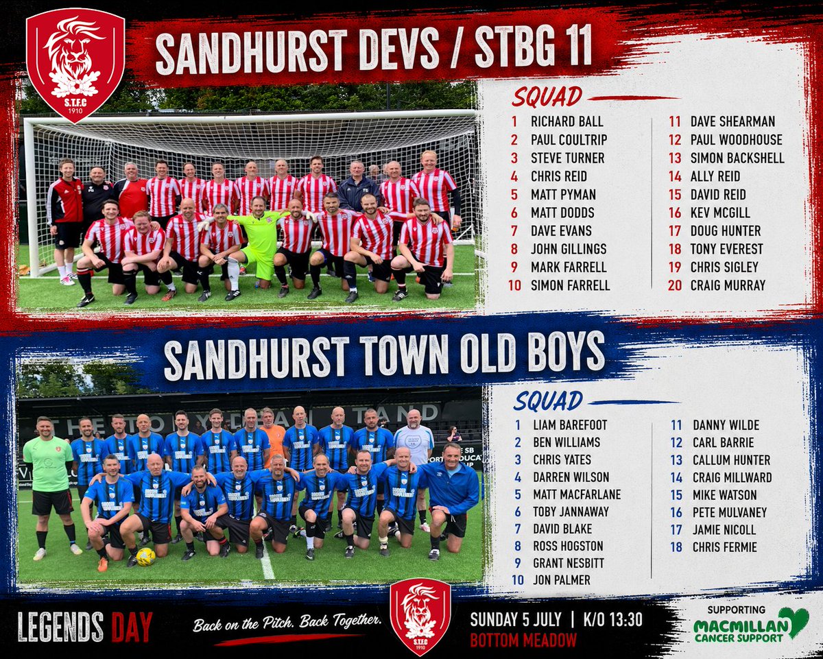 Sandhursttownfc's tweet photo. The squads are in. ❤️🤍
Tomorrow, old teammates become teammates once again as Sandhurst Town Old Boys take on Sandhurst Devs / STBG 11 in our Legends Day charity match.
🕜 KO 1:30pm
❤️ Supporting @macmillancancer
#Fizzers #LegendsDay #Sandhurst https://t.co/FZElGTKmQL