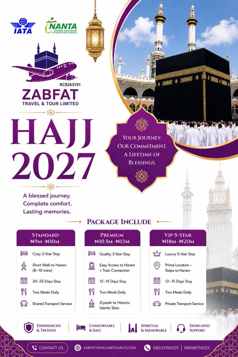 zabfat1's tweet photo. Juma'at Mubarak! 
May our prayers be accepted. 🕋
​Fulfill your spiritual calling with Zabfat Travel & Tours. Enjoy a seamless, hassle-free pilgrimage.
  
​Booking Open For:
✅ 2026: August & December (Umrah)
✅ 2027: Ramadan & Hajj
​📩 DM us immediately to book your package!
☎️ Call/WhatsApp: 0803 315 8325 or 0809 110 5894
Deadline for 2027 Hajj registration is 26th of September 2026
@OlaWayn 
@olawale_70