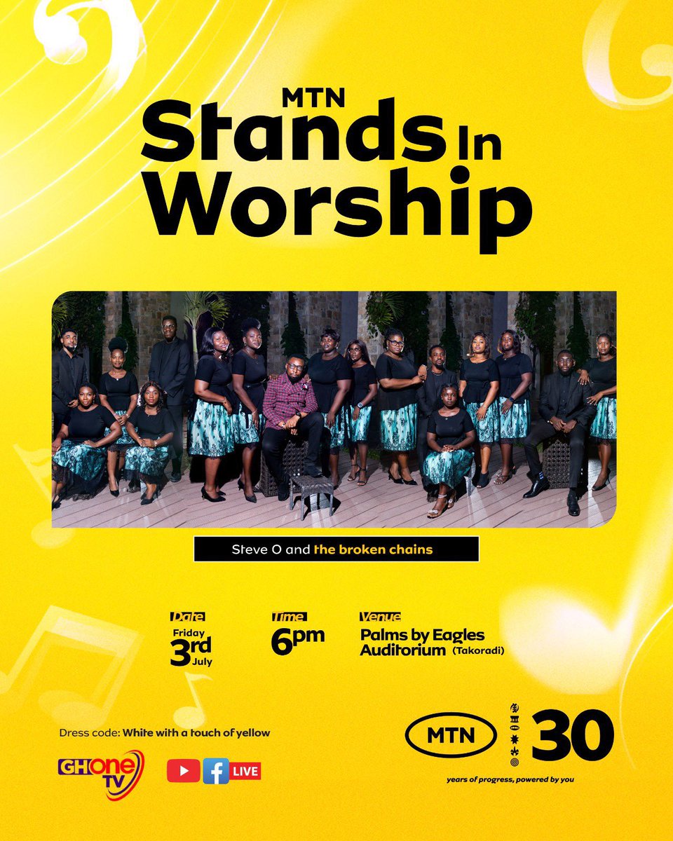 AkosuaKwansima's tweet photo. Your week has been heavy, but tonight the chains break. Steve O &amp; the Broken Chains are ready to minister, and the Spirit is moving. Put on your white &amp; yellow and come encounter Heaven at 6pm. #MTNSIW26 https://t.co/slzqoVAWvY