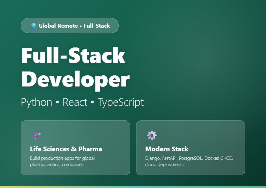 ZamDeveloper's tweet photo. 💼 Hiring Full-Stack Developer (Python / React) | Global Remote

Build production-grade web applications for global pharmaceutical and life sciences companies using modern Python, React, and cloud technologies.

✅ Python (Django, Flask, FastAPI)
✅ React, TypeScript, JavaScript
✅ PostgreSQL, MySQL
✅ REST APIs and full-stack development
✅ Docker, CI/CD, cloud deployments
✅ Healthcare and life sciences software