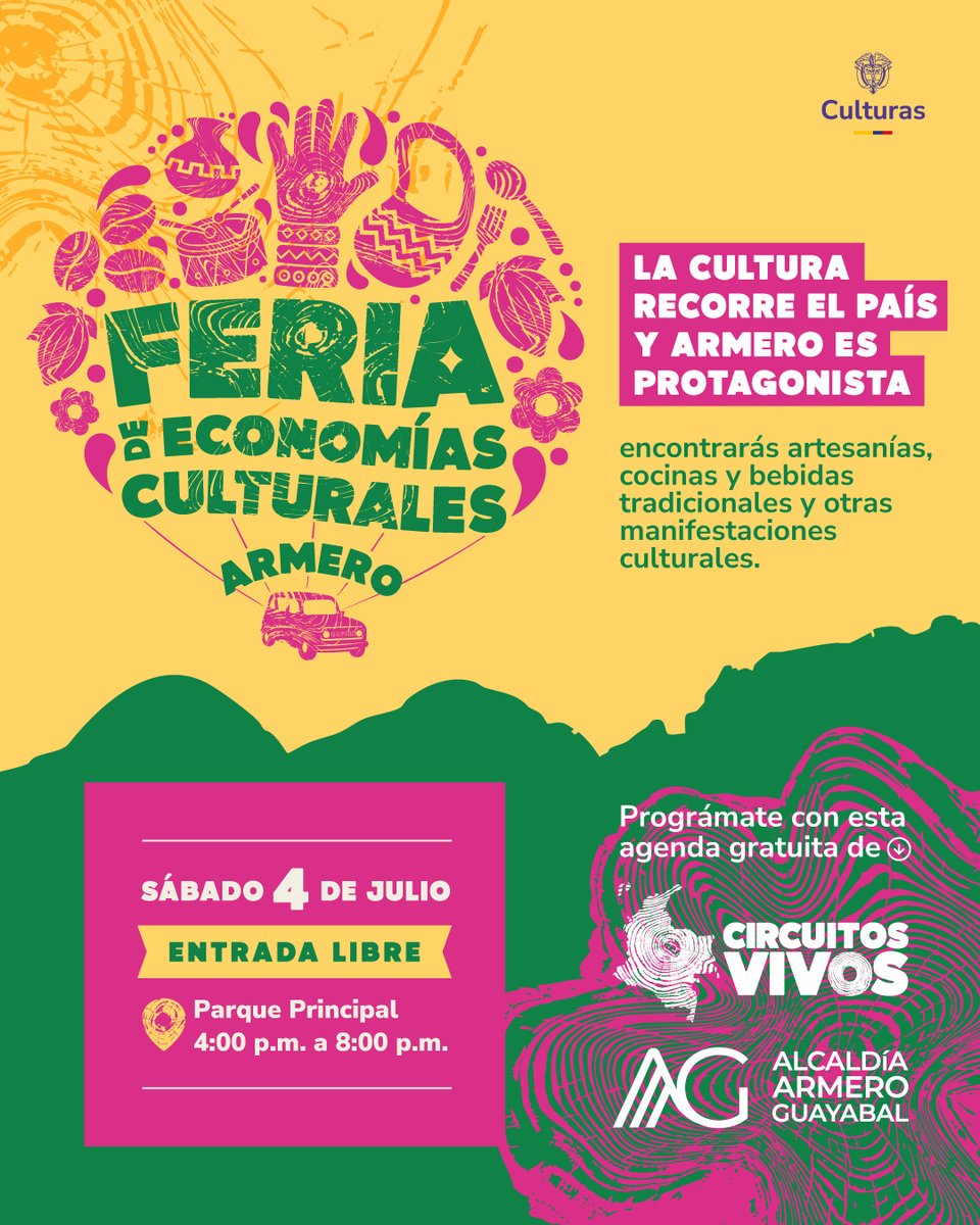 mincultura's tweet photo. Este sábado nos encontramos en la Feria de Economías Culturales de #Armero para apoyar a quienes, con sus manos, sus saberes y sus tradiciones, mantienen vivo el patrimonio de nuestro territorio.

📍 Parque Principal
🗓️ 4 de julio 
🎟️ Entrada libre

¡Nos vemos en Armero! https://t.co/gVi6WO3oC0