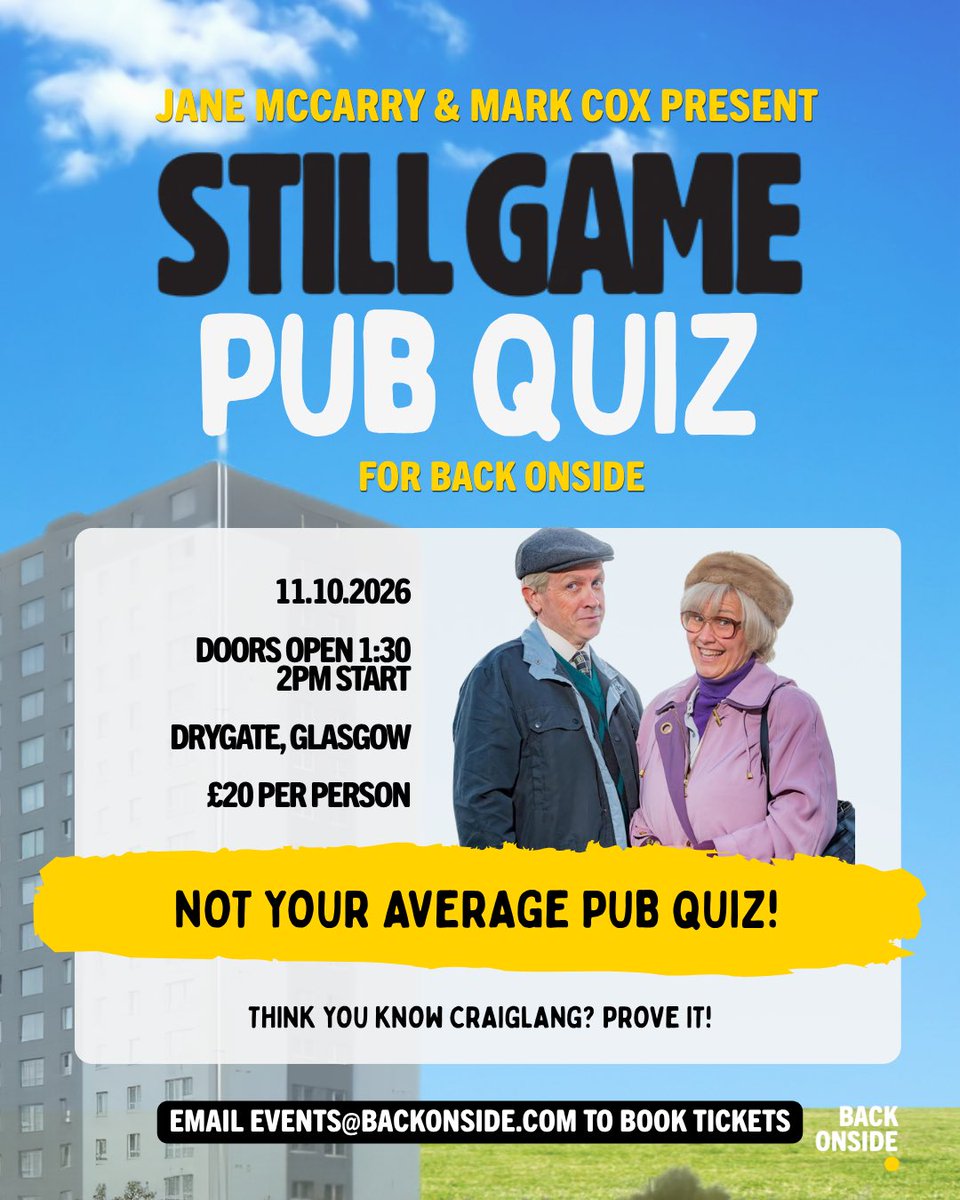 BackOnside's tweet photo. STILL GAME PUB QUIZ coming to Glasgow this October📍
We’re so excited to announce that Still Game’s own Mark Cox & Jane McCarry are hosting a pub quiz on Sunday 11th October at Drygate, Glasgow.
Tickets are on sale now for just £20pp @eventbrite https://t.co/29SeMY8f1F