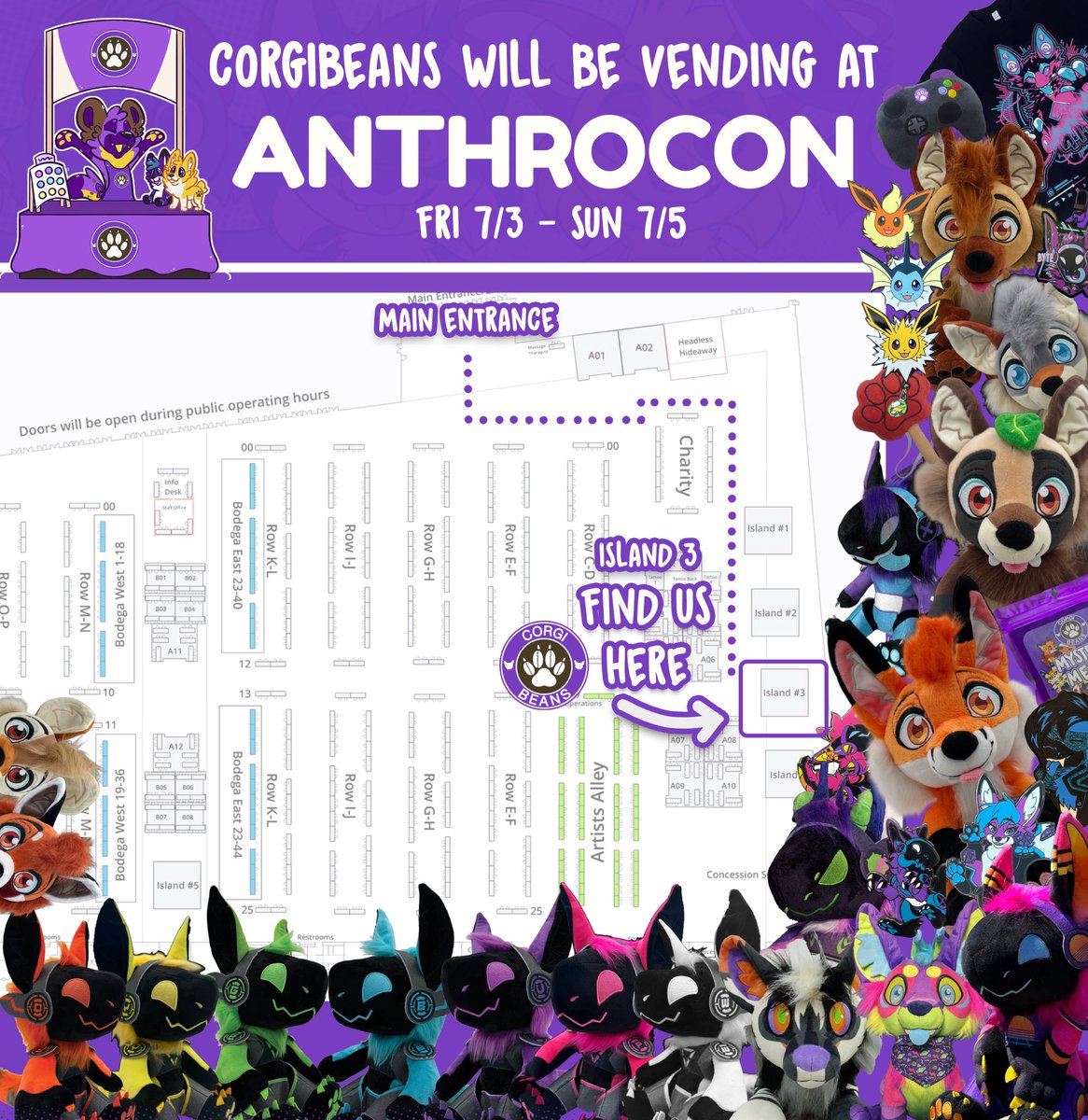BuildAFur's tweet photo. All set up at Anthrocon! We are at Island 3! 
#corgibeans #anthrocon #protogen #anthrocon2026 #ac2026 #furryplushies #protogenplushies https://t.co/Q5dwgA7T57