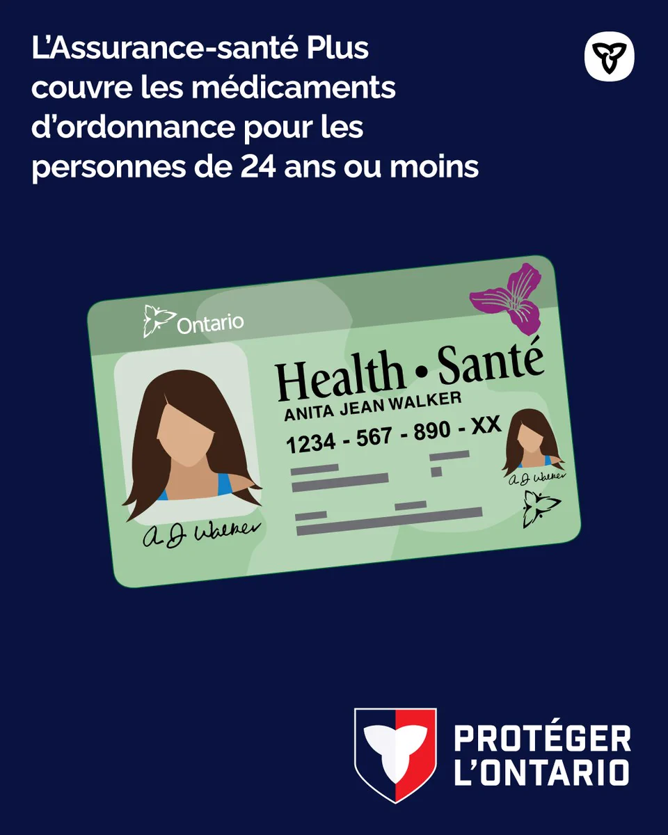 Graphique de la carte Santé de l’Ontario accompagné d’un texte en français indiquant la couverture des médicaments sur ordonnance pour les personnes âgées de 24 ans et moins.