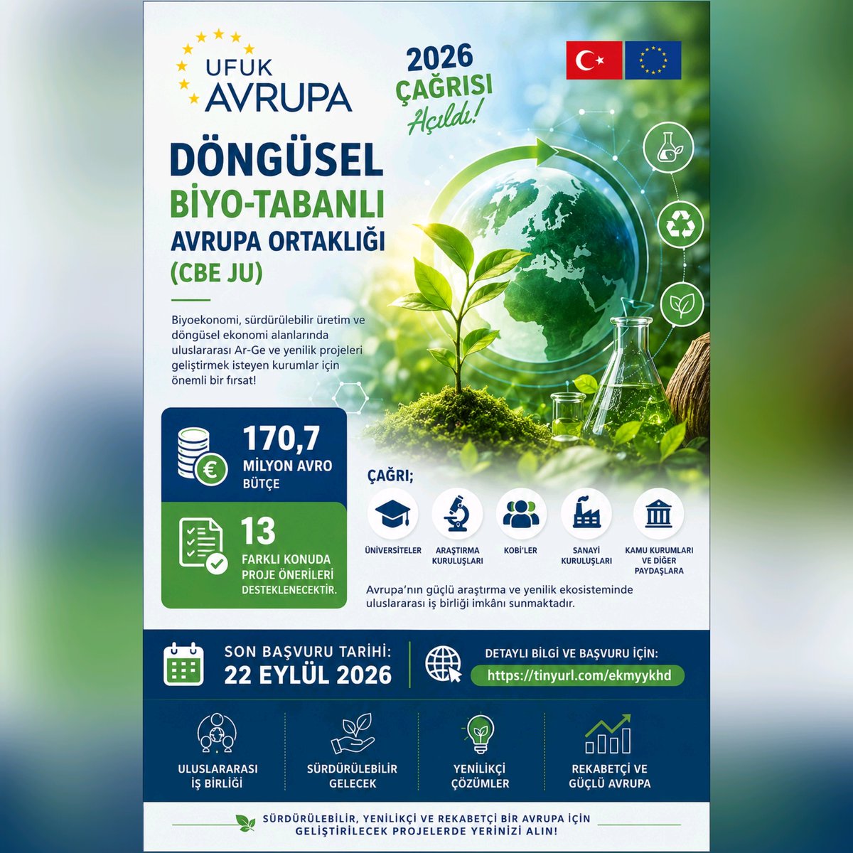 AslSblChdr's tweet photo. 📢 CBE JU 2026 Çağrısı Başvurulara Açıldı
🌱 170,7 milyon Avro bütçe ile 13 farklı başlıkta proje desteği sağlanacak
🎯 Üniversiteler, araştırma kuruluşları, KOBİ'ler, sanayi kuruluşları ve kamu kurumları için Ar-Ge ve yenilik iş birliklerinde önemli bir fırsat
📅 22 Eylül 2026 https://t.co/YjR3zZr4ik