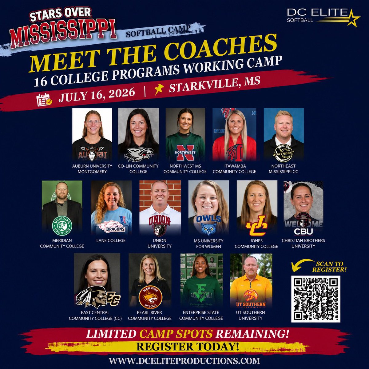 DCEliteSoftball's tweet photo. 🚨 Your next college opportunity is in Starkville. 🚨

Sixteen college programs. One field. One day to make an impression.

The Stars Over Mississippi Camp isn’t just another camp. It’s an opportunity to receive instruction directly from college coaches who are actively evaluating athletes before the showcase begins.

🏆 Work directly with coaches from NCAA, NAIA, and Junior College programs.
🥎 Get quality instruction.
👀 Put yourself in front of coaches who are recruiting.

📍 Starkville, Mississippi
📅 July 16, 2026

⚠️ Camp spots are limited and filling quickly.

Tag a player who needs to be in front of college coaches this summer and share this with your teammates!

#StarsOverMississippi #DCEliteSoftball #SoftballRecruiting #RecruitMe #CollegeSoftball #Fastpitch #SoftballCamp #StudentAthlete #SoftballLife #PlayForMore #MississippiSoftball #FutureCollegeAthlete