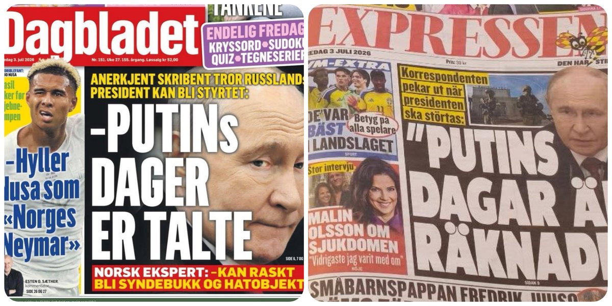 terje_alnes's tweet photo. Norsk og svensk tabloid, identisk Putin-forside på samme dag. Tilfeldig? https://t.co/0ukbVfCPbN