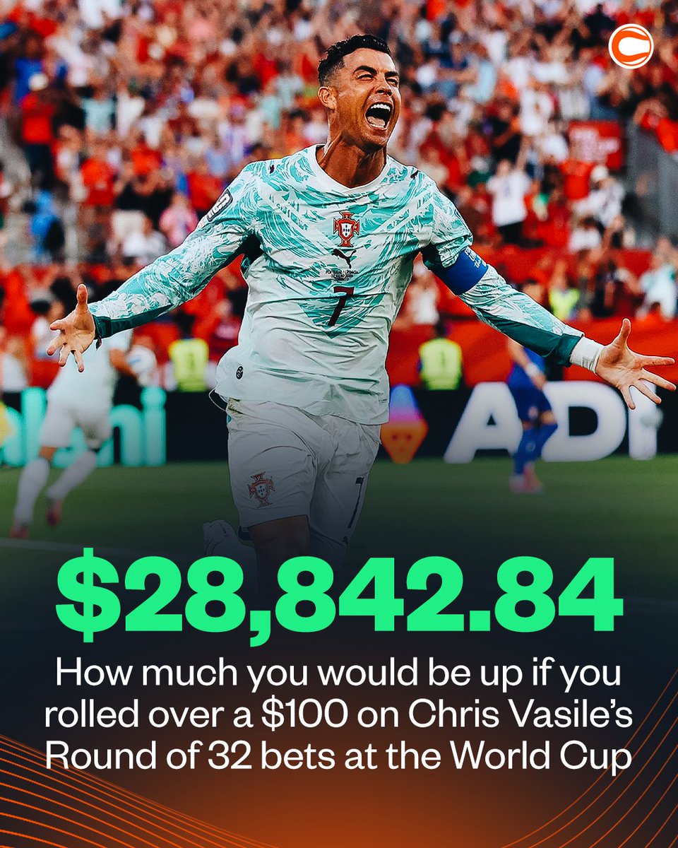 Covers's tweet photo. Our guy @mc_silly3 has gone a PERFECT 9-0 during the Round of 32 of the World Cup ✅💰

If you rolled over a $100 bet on his last nine bets, you would be up $28,842.84 🤯 https://t.co/oPQK5DtfYu