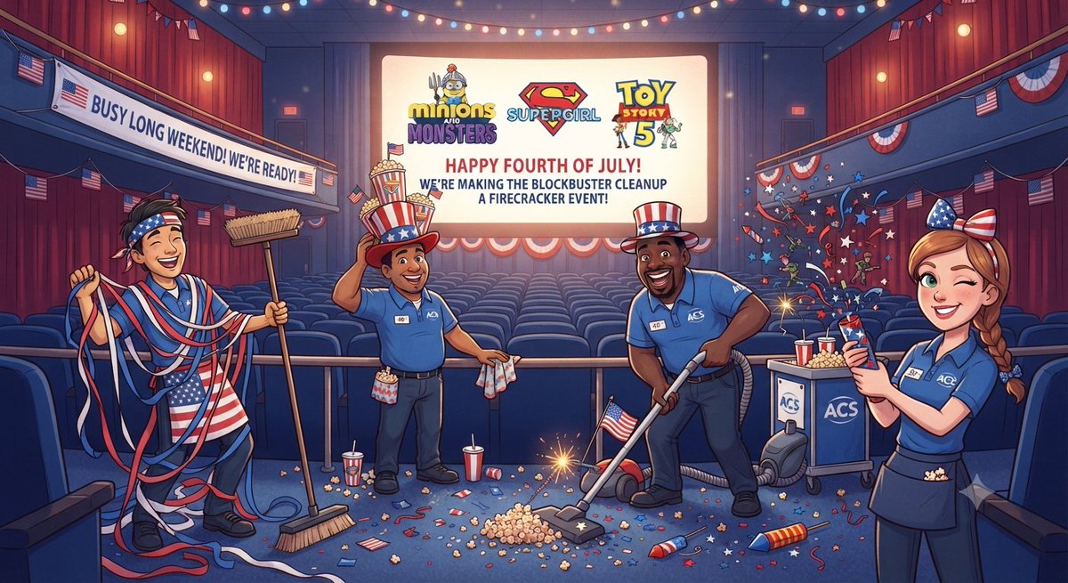 ACS_Enterprises's tweet photo. Happy Independence Day weekend! 🇺🇸🍿

We’re ready for the blockbuster rush of Minions and Monsters, Supergirl, and Toy Story 5! Our crew is on high alert to keep every auditorium sparkling while you enjoy the show. 🧹🚀

Have a star-spangled weekend! 🎆

#FourthOfJuly #CinemaCleaning #MinionsAndMonsters #Supergirl #ToyStory5 #WeCareAboutYourCinemas #CinemaUnited