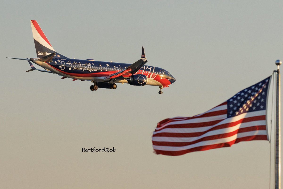 HartfordRob's tweet photo. I am planespotting in Boston all day and night tomorrow so I won’t be able to post a photo. Happy 250th a day early America! Southwest Airlines Independence One on approach to Boston at sunset in May. https://t.co/ozV6ejM7sY