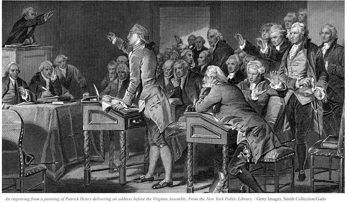 US_OGA's tweet photo. Patrick Henry Ignites the American Revolution:

On March 23, 1775 a 38-yr old self-taught lawyer named Patrick Henry rose to speak in St. Johns Church in Richmond VA, where 122 of the colony's delegates were meeting to discuss a resolution to "immediately put into a posture of defense." against the Crown.

Henry spoke without notes.

A Baptist clergyman who was present wrote:  

"His voice rose louder and louder until the walls of the building and all within them seemed to shake....his face became terrible to look upon.  Men leaned forward in their seats with their heads strained forward, their faces pale.

When he sat down, I felt sick with excitement."

Henry concluded with these famous words:  

"We shall not fight our battles alone.  There is a just God who presides over the destinies of nations and who will raise up friends to fight our battle for us.

The war is inevitable, and let it come. I repeat sir, let it come!"

And then this -- among the most famous quotes in American history.

Gentlemen may cry "'Peace! Peace!'" but there is no peace. The war is actually begun.....

What is it that gentlemen wish?  What would they have?

Is life so dear, or peace so sweet, as to be purchased at the hands of chains and slavery?  Forbid it, Almighty God.   

I know not what course others may take; but as for me, give me liberty or give me death!

The vote was called for and taken, it passed by a narrow margin of five and the American Revolution in Britain's largest colony was underway.