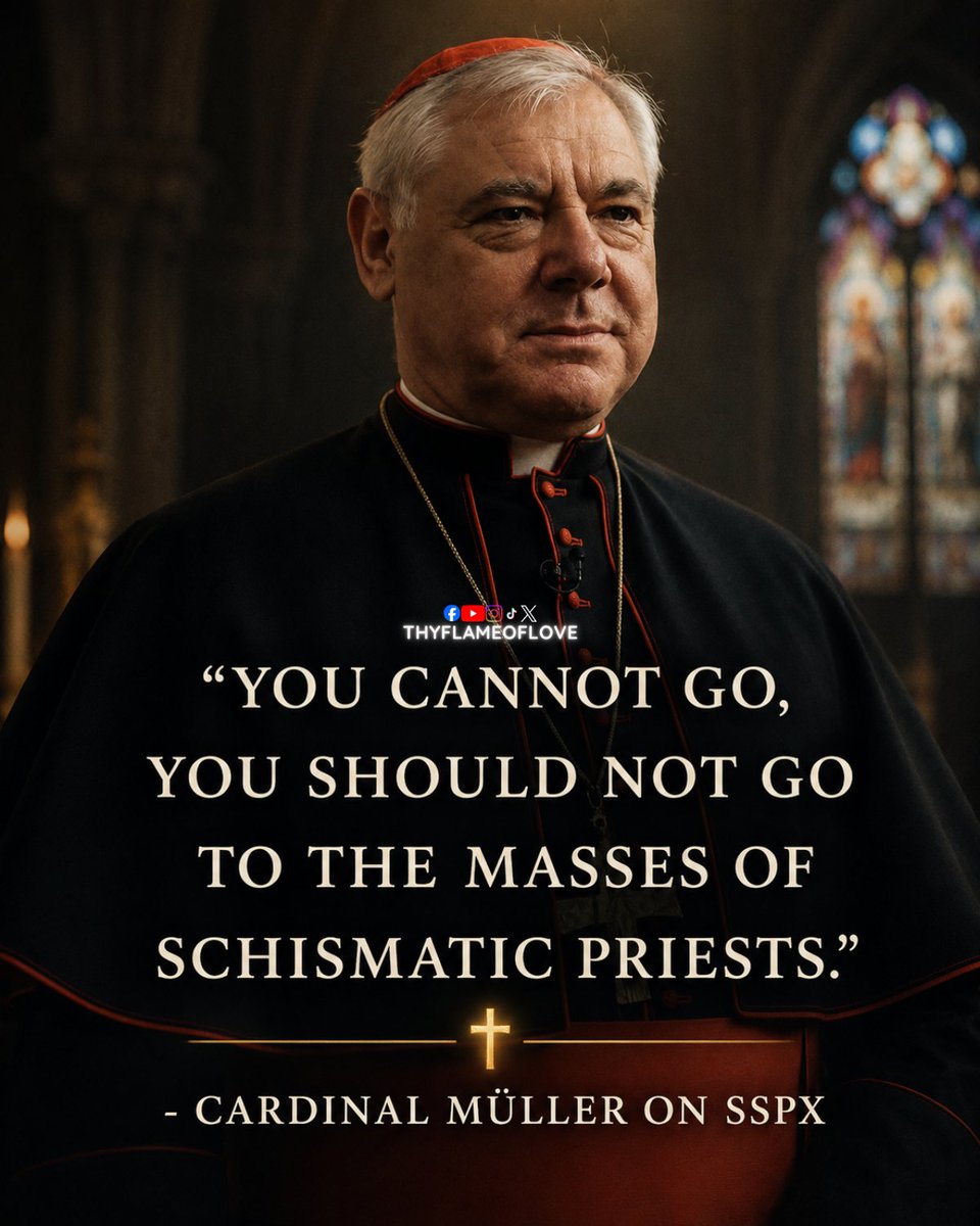 thyflameoflove's tweet photo. "They shouldn't go, and cannot participate in the Masses of schismatic priests and bishops."
— Cardinal Gerhard Ludwig Müller, speaking about the SSPX after its unauthorized episcopal consecrations (2026).

When Cardinal Müller says Catholics should not go to the Masses of schismatic priests, he isn't saying this to be harsh. He's warning us because unity with the Church matters. 

Jesus prayed that His followers would be one, and He gave the Church shepherds to protect that unity. 

When bishops are ordained against the Pope's clear command, it wounds the unity Christ established. Even if the Mass itself is valid, choosing to support a group that has broken communion with the Church can slowly pull us away from the unity Jesus wants for His people. 

The saints corrected leaders when needed, but they never separated themselves from the Church or rejected the Pope's authority. 

Real faith stays faithful even when it's difficult. The safest place to be is where Peter is. 

💬 If a bishop openly defies the Pope, should Catholics follow that bishop—or remain with the Church Christ founded?

Someone you know may be struggling with this question. A simple conversation today could help them stay close to the Church Christ established.