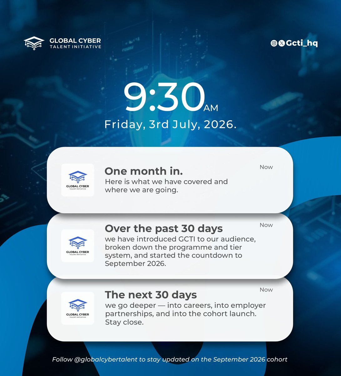gcti_hq's tweet photo. One month in.

✅ Introduced GCTI
✅ Broke down the programme &amp; tiers
✅ Started the countdown to September 2026

Next 30 days: careers, employer partnerships &amp; cohort launch.

Stay close.

https://t.co/71imuu5xA2

#GCTI #CyberSecurity https://t.co/WGlvZmWP9u