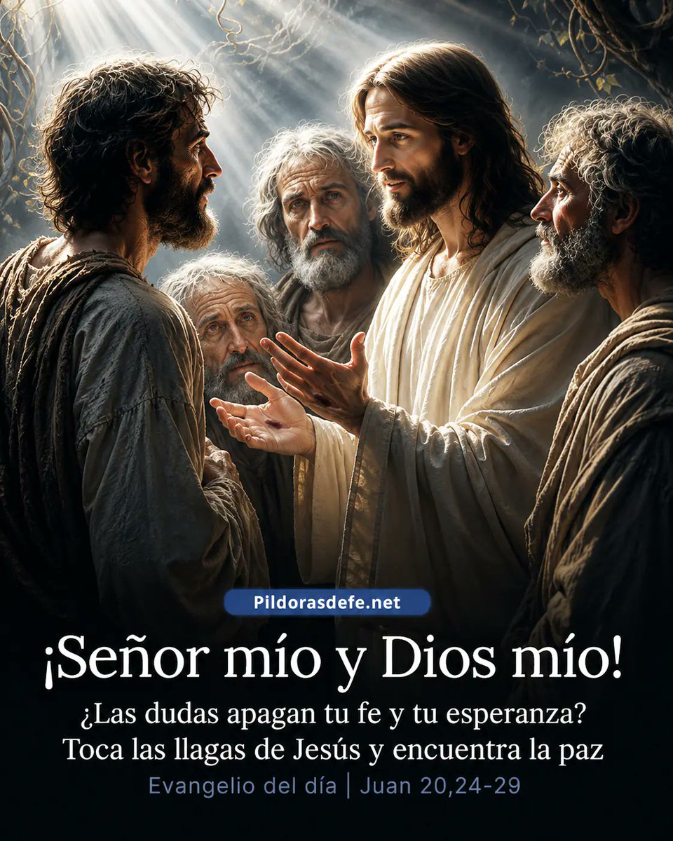 Pildorasdefe's tweet photo. EVANGELIO DEL DÍA
- Martes: San Juan 20,24-29

En aquellos días, Tomás, uno de los Doce, llamado el Mellizo, no estaba con ellos cuando vino Jesús. Y los otros discípulos le decían: “Hemos visto al Señor”. Pero él les contestó: “Si no veo en sus manos la señal de los clavos, si no meto el dedo en el agujero de los clavos y no meto la mano en su costado, no lo creo”.

A los ocho días, estaban otra vez dentro los discípulos y Tomás estaba con ellos.

Llegó Jesús, estando cerradas las puertas, se puso en medio y dijo: “Paz a ustedes”. Luego dijo a Tomás: “Trae tu dedo, aquí tienes mis manos; trae tu mano y métela en mi costado; y no seas incrédulo, sino creyente”.

Contestó Tomás: “¡Señor mío y Dios mío!”.

Jesús le dijo: "¿Porque me has visto has creído? Bienaventurados los que crean sin haber visto”.

Palabra del Señor 🙏