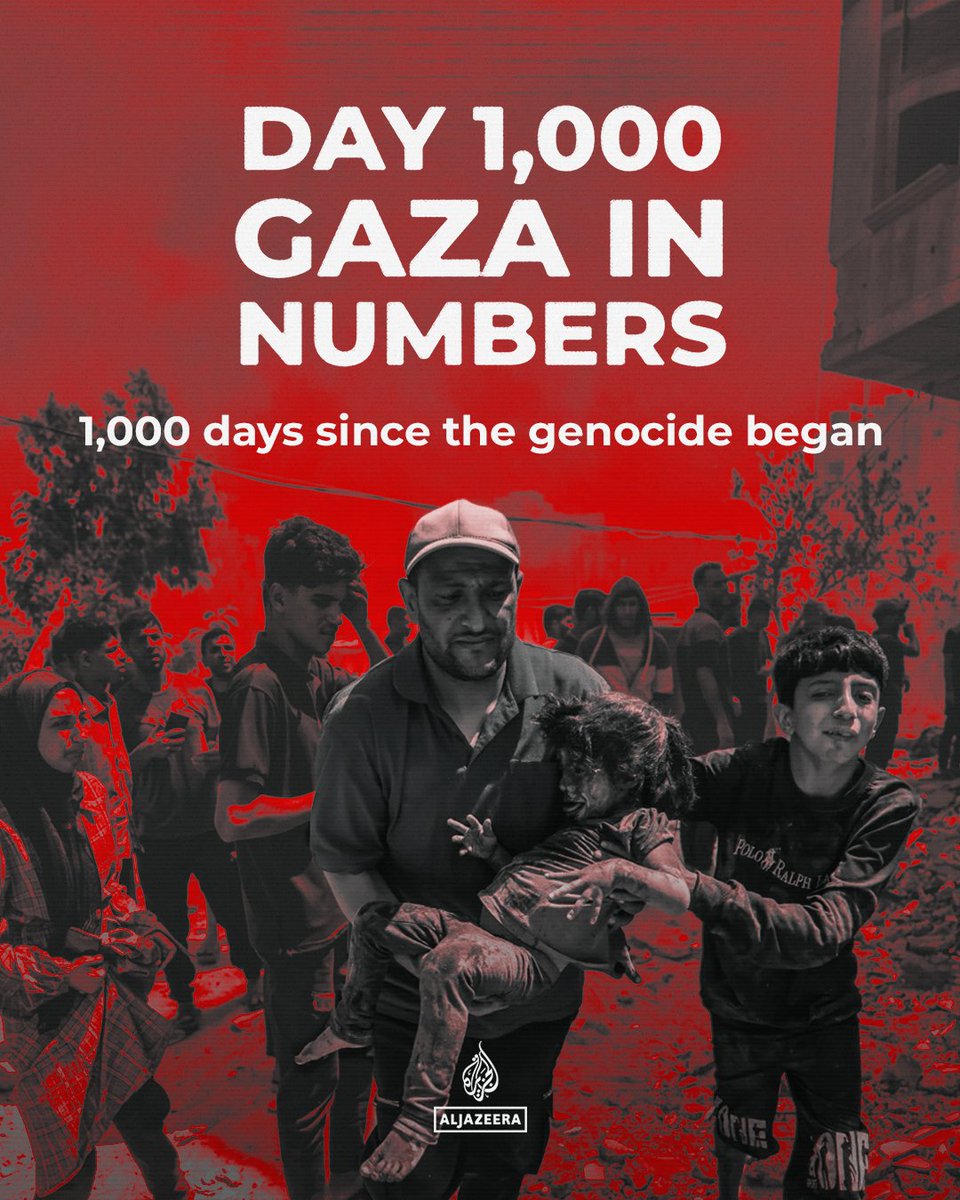 AJEnglish's tweet photo. As the world marks 1,000 days since Israel’s genocidal war on Gaza began, authorities in the besieged enclave say more than 90% of the strip has been destroyed and that Israeli forces are in control of 80% of the occupied territory.

🔗: https://t.co/iWNeqKmYTr | #Infograph https://t.co/n9TNQDBz86