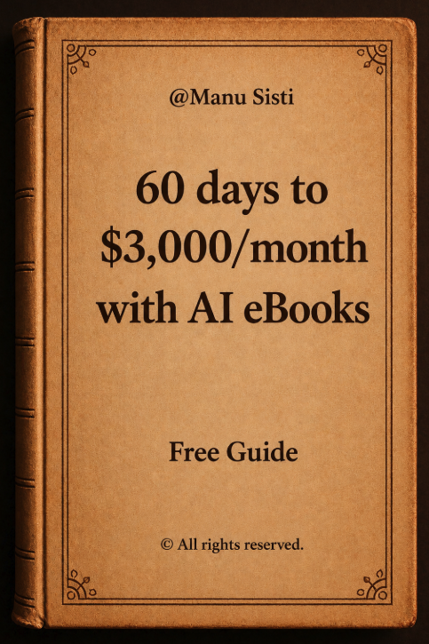 Manu_Sisti's tweet photo. I’m shocked more people aren’t making $10,000/month with AI eBooks.

It’s boring...

But if you start today, you can make at least $3,000 by the end of August.

Usually, I'd charge $199 for this, but today I'm giving it away 100% FREE

(Claude prompts included)

Like + comment 'Guide' & I'll DM it to you

Must follow me to get DM.

FREE for 48 hrs only.