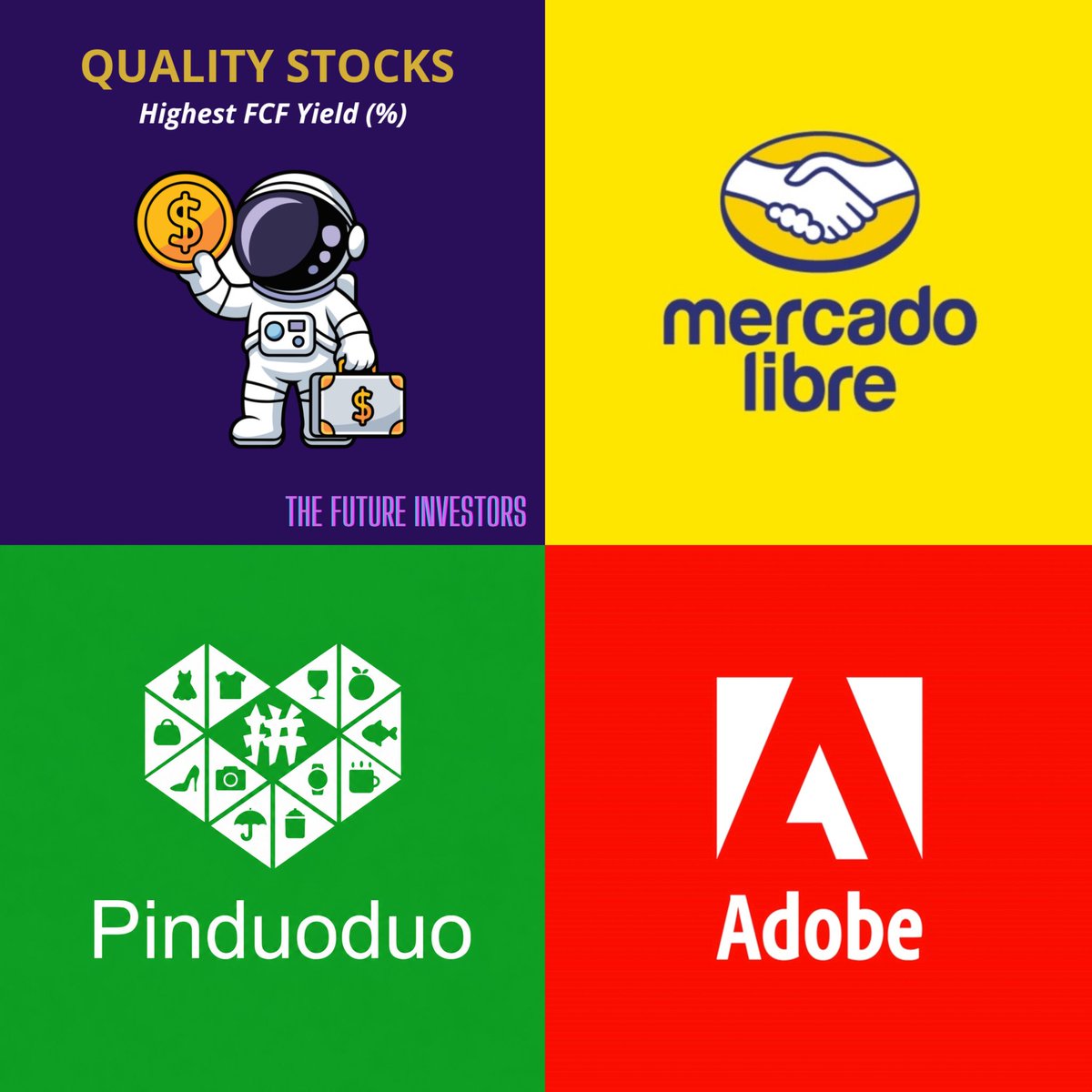 ftr_investors's tweet photo. The Future Investors presents the 40 quality stocks with the highest FCF yields right now 📈💸

1. $MELI | MercadoLibre - 13.2%
2. $PDD | PDD Holdings - 13.2%
3. $ADBE | Adobe - 11.8%
4. $CRM | Salesforce - 10.8%
5. $INTU | Intuit - 10.3%
6. $PINS | Pinterest - 9.8%
7. $WDAY | Workday - 8.9%
8. $CART | Instacart - 8.2%
9. $SE | Sea Limited - 7.4%
10. $TCEHY | Tencent - 6.8%
11. $CSU | Constellation Soft. - 6.6%
12. $UBER | Uber - 6.5%
13. $ADSK | Autodesk - 6.2%
14. $EFX | Equifax - 5.6%
15. $VEEV | Veeva Systems - 5.2%
16. $DXCM | Dexcom - 5.2%
17. $ABNB | Airbnb - 5.2%
18. $TYL | Tyler technologies - 5.1%
19. $FIVE | Five Below - 5.0%
20. $SAP | SAP - 4.9%
21. $BSY | Bentley systems - 4.9%
22. $CVC | CVC Capital - 4.6%
23. $ABT | Abbott - 4.4%
24. $NOW | ServiceNow - 4.2%
25. $UCB | UCB - 4.1%
25. $DT | Dynatrace - 4.1%
26. $NXPI | NXP Semiconductors - 3.9%
27. $III | 3i Group - 3.8%
28. $MA | Mastercard - 3.7%
29. $OKTA | Okta - 3.7%
30. $SPOT |Spotify - 3.7%
31. $PODD | Insulet - 3.7%
32. $NFLX | Netflix - 3.6%
33. $MSCI | MSCI - 3.6%
34. $HUBB | Hubbell - 3.5%
35. $ADYEN | Adyen - 3.5%
36. $ON | On Semiconductor - 3.3%
37. $CMG | Chipotle - 3.3%
38. $ONON | On Holdings - 3.3%
39. $META | Meta - 3.3%
40. $SNPS | Synopsys - 3.2%

Source: @KoyfinCharts

𝗤𝘂𝗮𝗹𝗶𝘁𝘆 𝗖𝗿𝗶𝘁𝗲𝗿𝗶𝗮 
- Gross Profit Margin >30%
- Net Income Margin >0%
- Revenue & EPS next 3Y >9% 
- FCF/Mcap Yield >3.2%
- No biotech, mining companies
- Altman Z Score >2.8
- Marketcap >$10B

Which of these stocks would you buy today? 👀👇