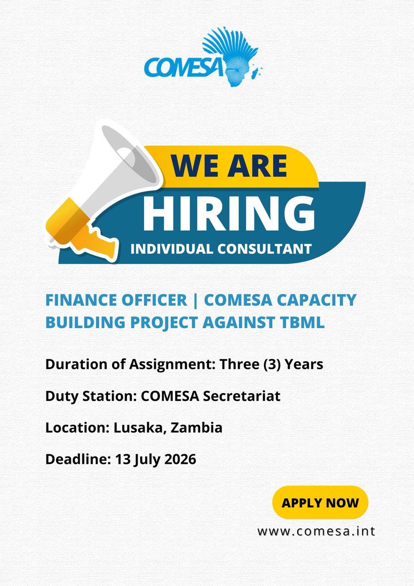 COMESA_GPS's tweet photo. 📢WE ARE HIRING

Join our team as Finance Officer for the COMESA Capacity Building Project against Trade-Based Money Laundering. 
If this is something you are interested in, please find more information via this link:
https://t.co/3cDzNYpBaI
Deadline: 13 July 2026 
Goodluck!
@Egypt_Kadah