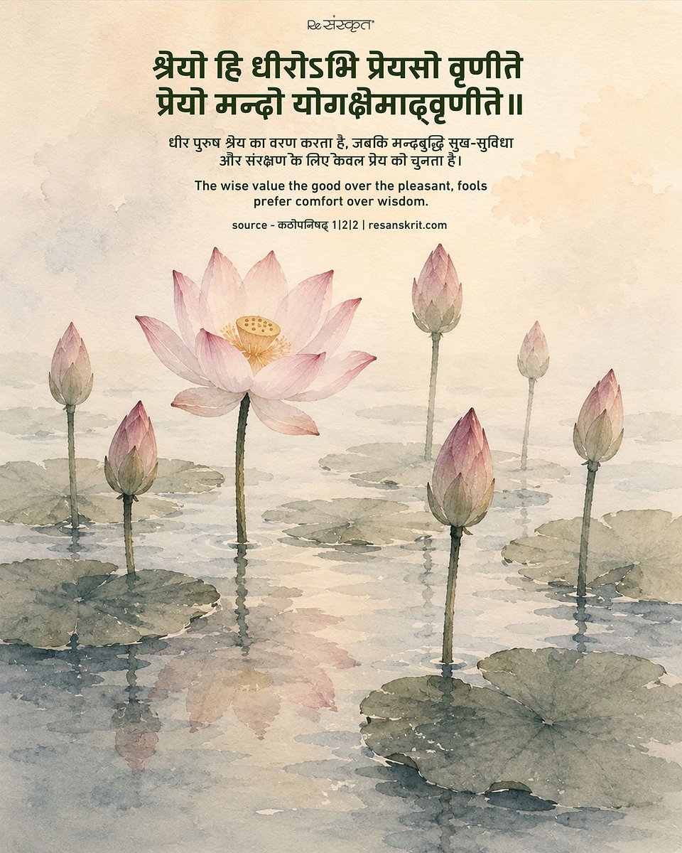 ReSanskrit's tweet photo. Every day, we choose between what is easy and what is right.
The Kaṭhopaniṣad reminds us that the wise seek śreya- the path of lasting good - while the merely pleasant often leads us astray.

#Sanskrit #Kathopanishad #Wisdom #Philosophy #AncientWisdom #SelfGrowth https://t.co/PZZ3feZZTt