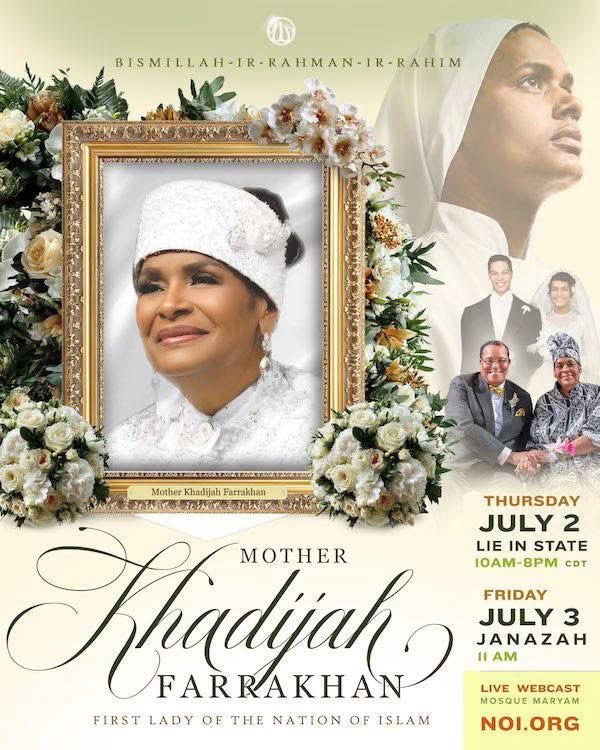 OfficialNOI's tweet photo. ::Live Webcast:: Janazah Services for First Lady of The Nation of Islam Mother Khadijah Farrakhan

11:00am CT | https://t.co/cNoWQjWv1d

#MotherKhadijah #Farrakhan https://t.co/Ez2ZtJAFn1