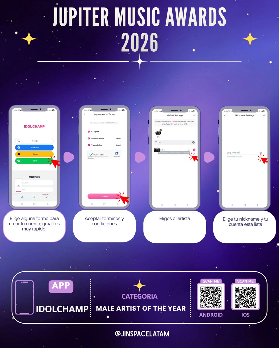 jinspacelatam's tweet photo. 🗳️ TUTORIAL IDOLCHAMP | JUPITER MUSIC AWARDS 2026

🐹 Aprende a votar por Jin  para los Jupiter Music Awards 2026.

📅 Periodo de votación: 1 – 16 de julio

🏆 Objetivo: Alcanzar el Top 20 para avanzar a las semifinales.

🎁 Premio para el ganador:
✨ Trofeo en los Jupiter Music Awards 2026
🎤 Presentación en vivo y alfombra roja
📺 Promoción internacional a través de Asian Television Awards (ATA) y medios asociados.

💙 Sigue el tutorial y vota todos los días por Jin.

#방탄소년단진 #진 #BTSJIN #JIN
