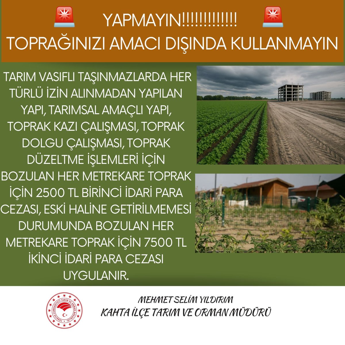 TarimKahta's tweet photo. Tarım arazilerinde izinsiz yapılaşma, kazı, dolgu ve arazi düzenleme çalışmaları mevzuata aykırıdır. Faaliyete başlamadan önce gerekli izinleri almayı unutmayın. Tarım topraklarını korumak hepimizin ortak sorumluluğudur.🌱
@TCTarim @ibrahimyumakli @kaymakamkahta @mehmetselimyld8 https://t.co/kwLzUEBd8l