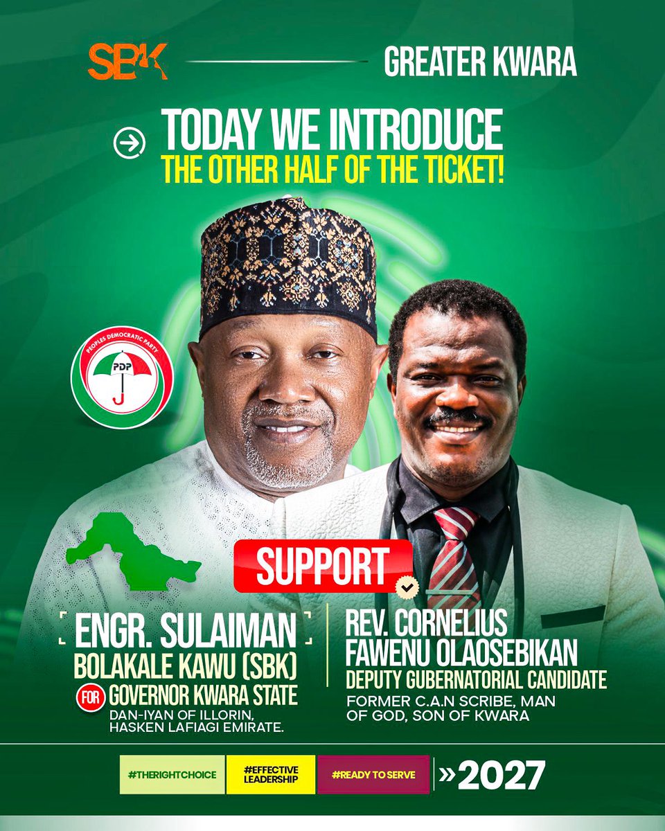 EngrKaleKawu's tweet photo. Today, we proudly present the complete ticket for a Greater Kwara.

A team built on experience, integrity, inclusiveness, and service.

Engr. Suleiman Bolakale Kawu (SBK) and Rev. Cornelius Fawenu Olaosebikan are united by one vision; to deliver purposeful leadership and a brighter future for every community in Kwara State.

Together, we are ready to listen, ready to serve, and ready to move Kwara forward.

The journey to a Greater Kwara has begun. Join the movement