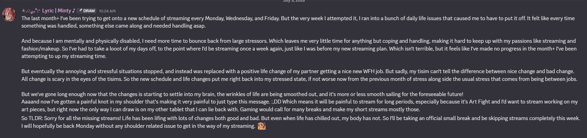 MintiMari's tweet photo. Little announcement about my lack of streams lately. uwu

Plz be patient with me. OTL

#ENVtuber #Twitch #Vartist #VStreamer #VtubersWithDisabilities #QueerVtubers #LewdTubers https://t.co/JpC1Fa4uOh