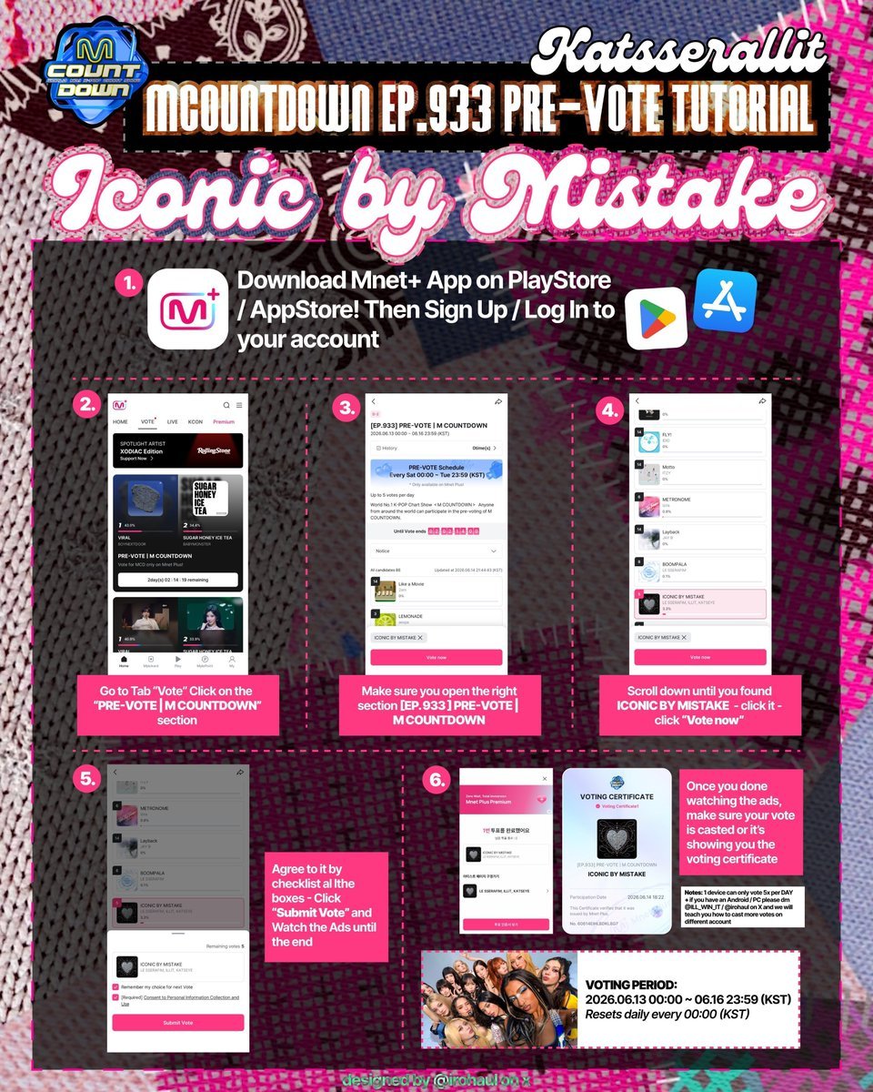 FIMBASE's tweet photo. FEARNOTs, pre-voting for next week’s MCOUNTDOWN has started! 

📲 Download Mnet Plus 
🗳️ Vote 5x daily for 'ICONIC BY MISTAKE'
🗓️ ~June 23TH (TUE) at 23:59 KST

To-do list: 
• Stream 'ICONIC BY MISTAKE' MV on YouTube
• Use 'ICONIC BY MISTAKE' audio on TikTok

#ICONICBYMISTAKE
#LE_SSERAFIM #르세라핌